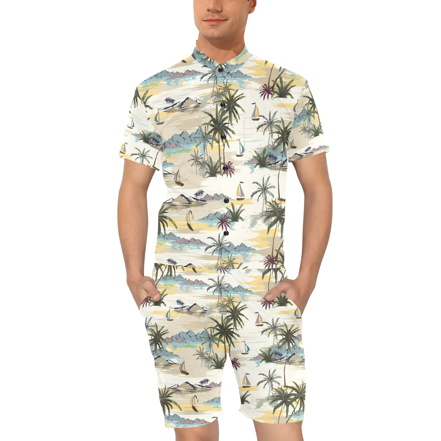 Palm Tree Beach Print Men's Romper