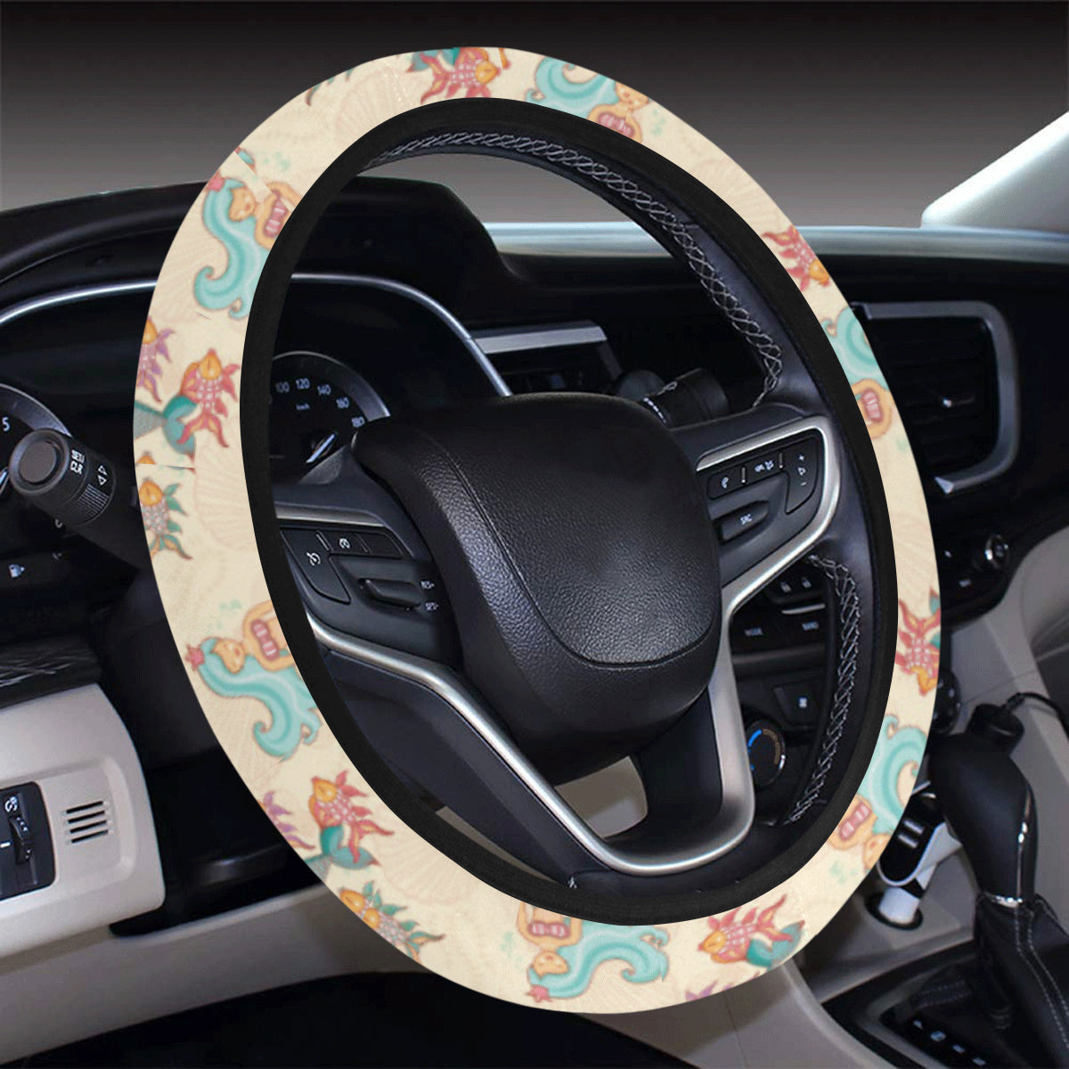 Mermaid Girl With Fish Design Print Steering Wheel Cover with Elastic Edge
