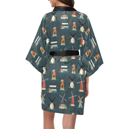 Windmill Pattern Print Design 04 Women's Short Kimono