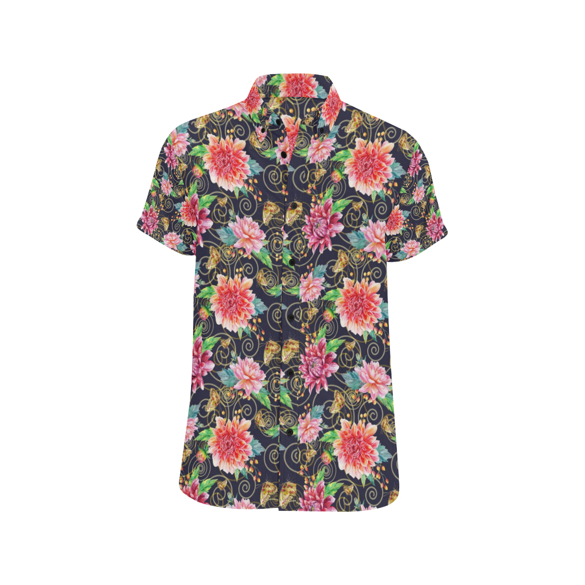 Dahlia Pattern Print Design DH02 Men's Short Sleeve Button Up Shirt