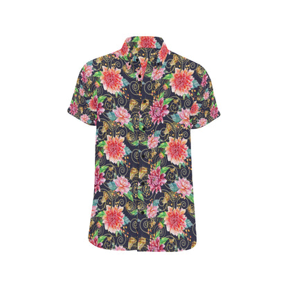 Dahlia Pattern Print Design DH02 Men's Short Sleeve Button Up Shirt