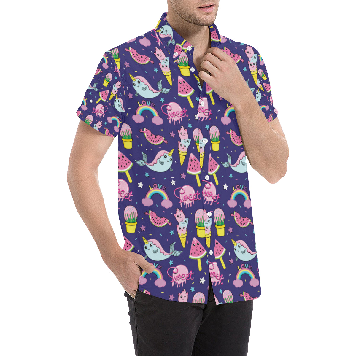 Narwhal Cute Pattern Print Design 02 Men's Short Sleeve Button Up Shirt
