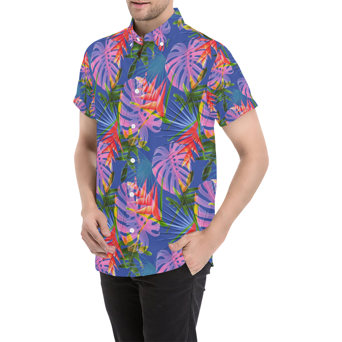 Tropical Flower Pattern Print Design TF025 Men's Short Sleeve Button Up Shirt