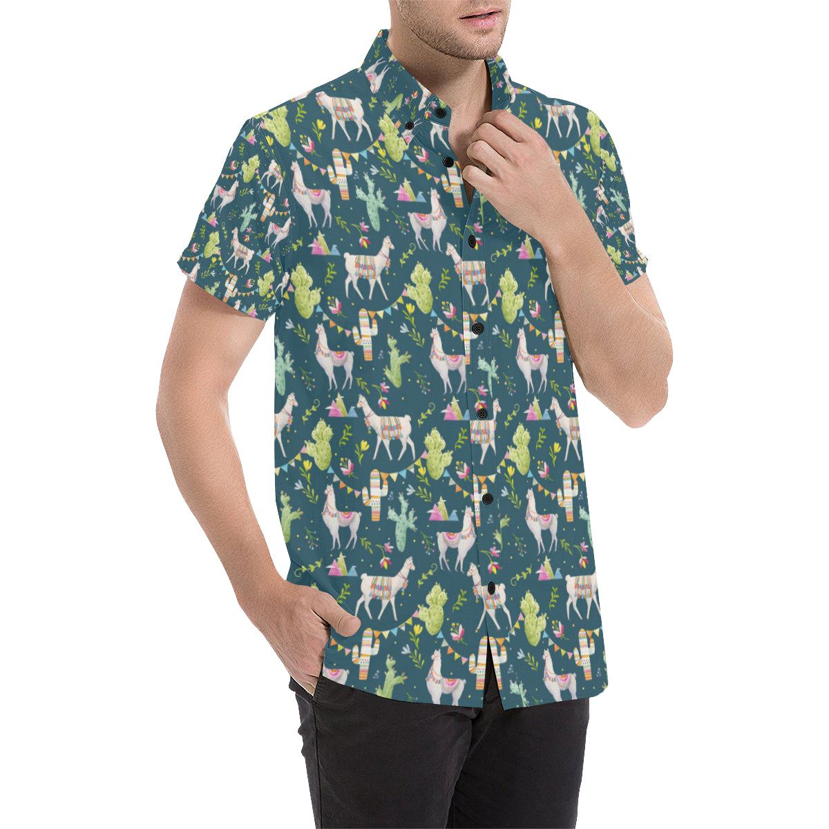 Llama with Cactus Design Print Men's Short Sleeve Button Up Shirt
