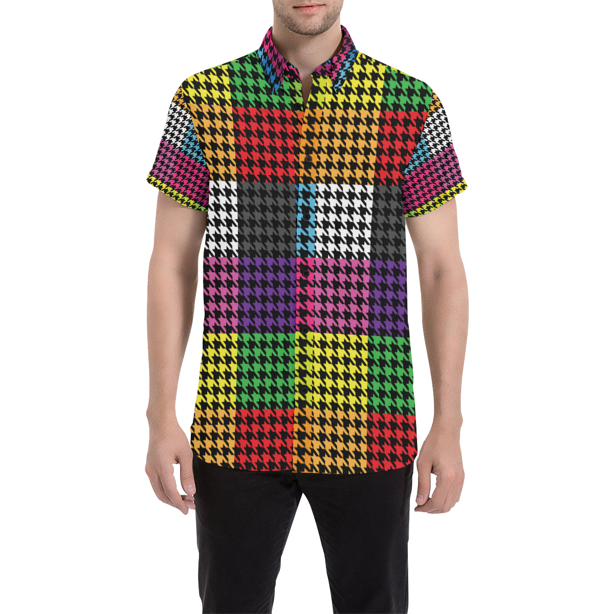 Houndstooth Colorful Pattern Print Design 01 Men's Short Sleeve Button Up Shirt