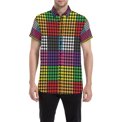 Houndstooth Colorful Pattern Print Design 01 Men's Short Sleeve Button Up Shirt