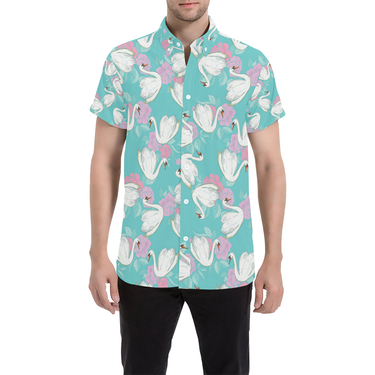 Swan Pattern Print Design 03 Men's Short Sleeve Button Up Shirt