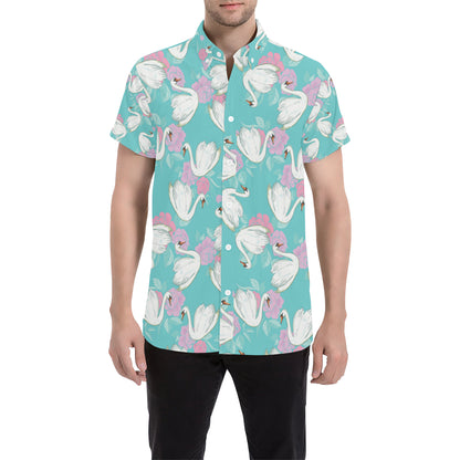 Swan Pattern Print Design 03 Men's Short Sleeve Button Up Shirt