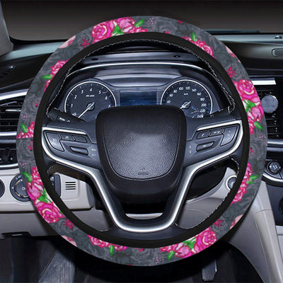 Sugar Skull Pink Rose Themed Print Steering Wheel Cover with Elastic Edge