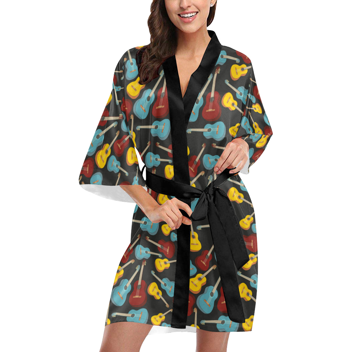 Acoustic Guitar Pattern Print Design 01 Women's Short Kimono
