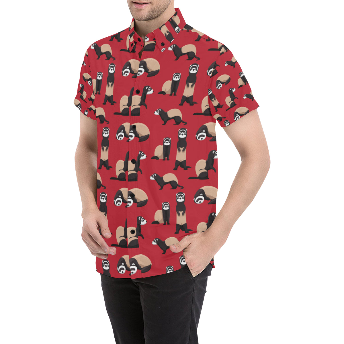 Ferret Pattern Print Design 02 Men's Short Sleeve Button Up Shirt