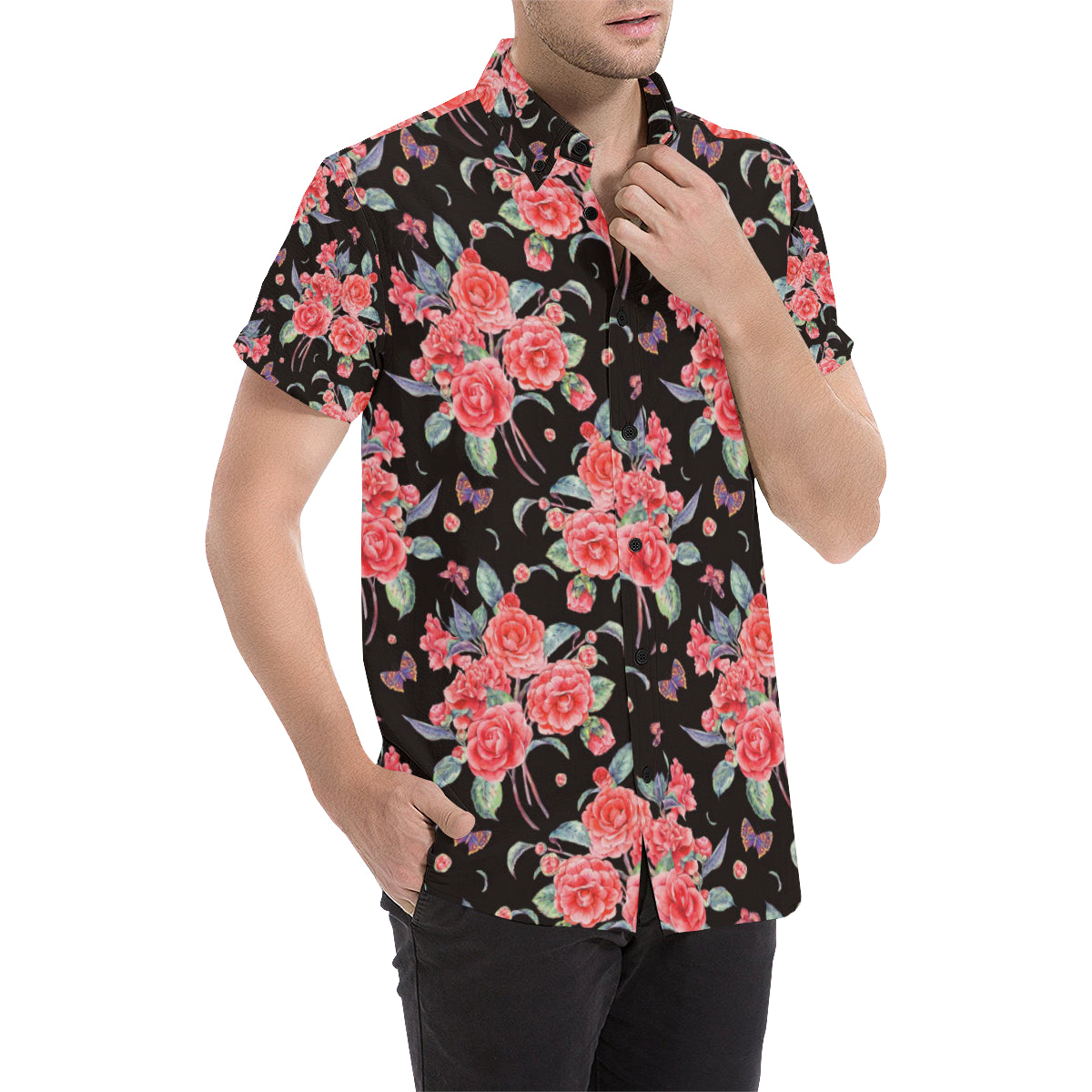Camellia Pattern Print Design CM03 Men's Short Sleeve Button Up Shirt