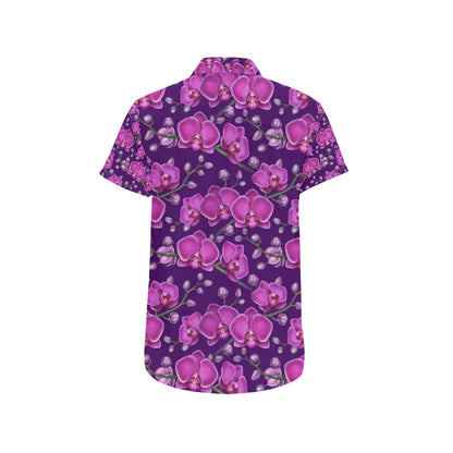 Orchid Purple Pattern Print Design OR02 Men's Short Sleeve Button Up Shirt