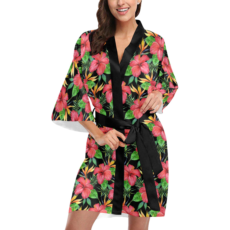 Red Hibiscus Pattern Print Design HB07 Women Kimono Robe