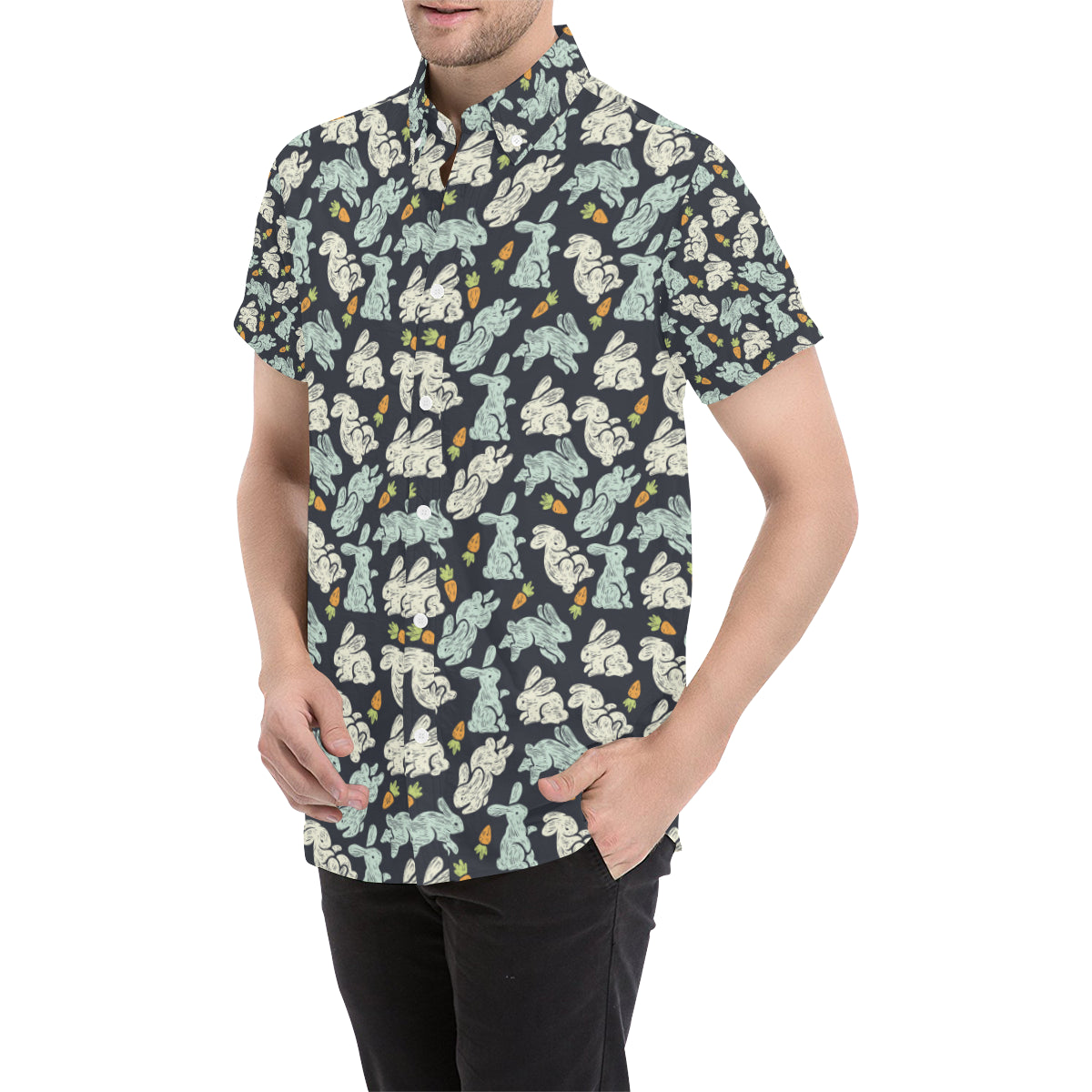 Bunny Pattern Print Design 04 Men's Short Sleeve Button Up Shirt