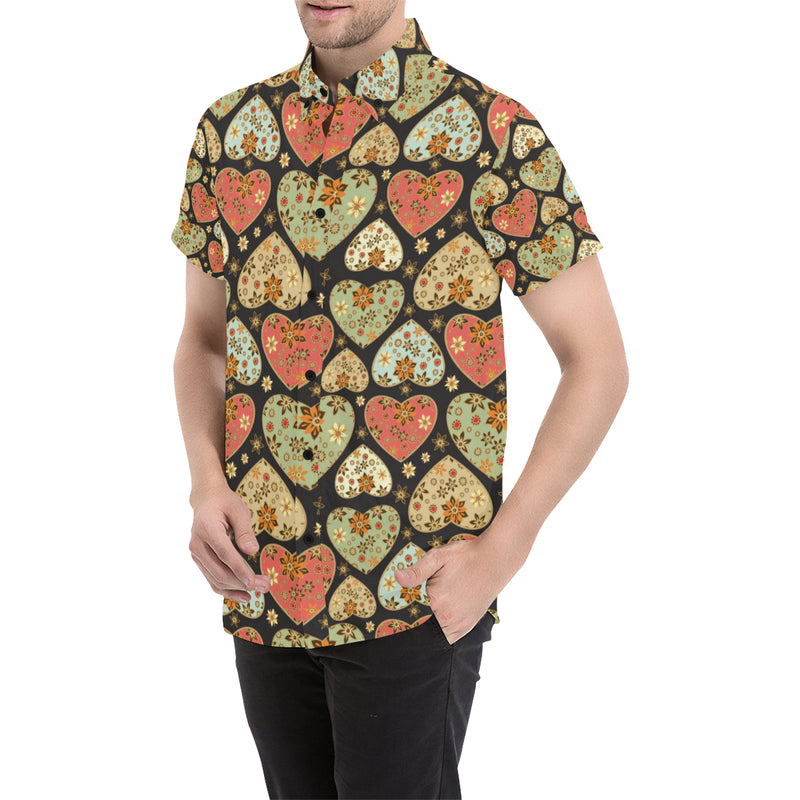 Heart Boho Pattern Print Design HE04 Men's Short Sleeve Button Up Shirt