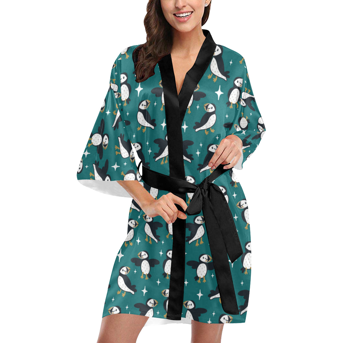 Puffin Pattern Print Design A05 Women's Short Kimono