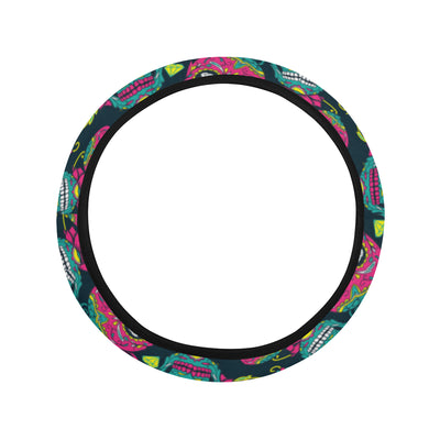 Sugar Skull Floral Design Themed Print Steering Wheel Cover with Elastic Edge