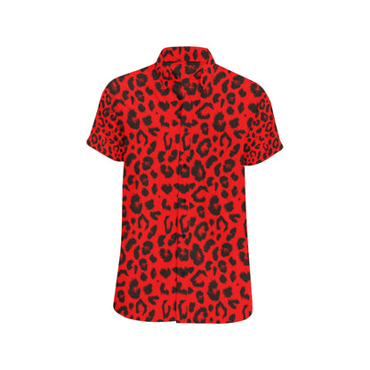 Leopard Red Skin Print Men's Short Sleeve Button Up Shirt