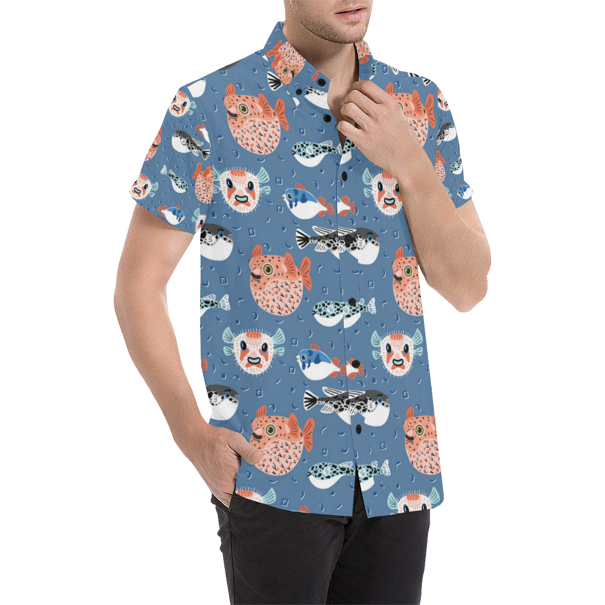 Fugu Pattern Print Design 02 Men's Short Sleeve Button Up Shirt