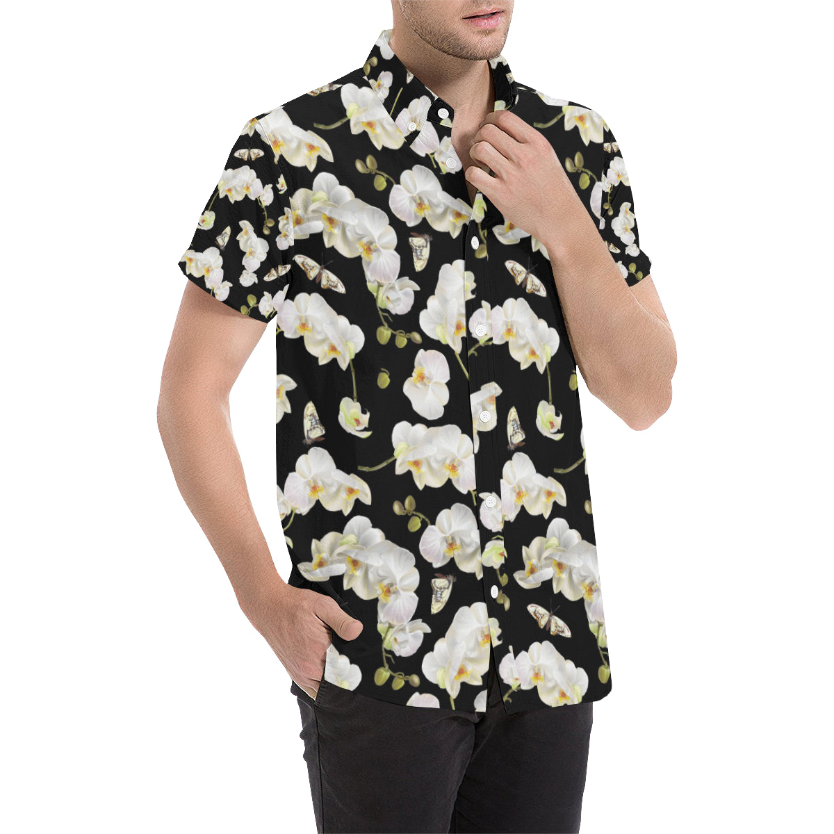 Orchid White Pattern Print Design OR011 Men's Short Sleeve Button Up Shirt
