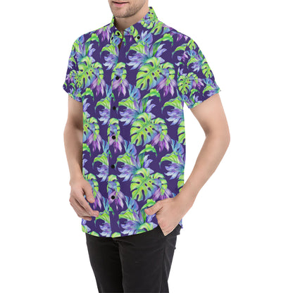 Tropical Flower Pattern Print Design TF019 Men's Short Sleeve Button Up Shirt