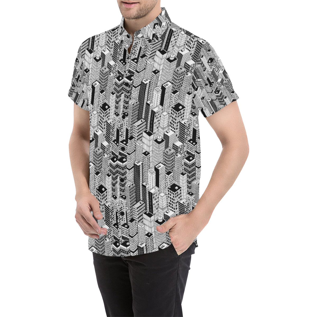 City  Pattern Print Design 02 Men's Short Sleeve Button Up Shirt