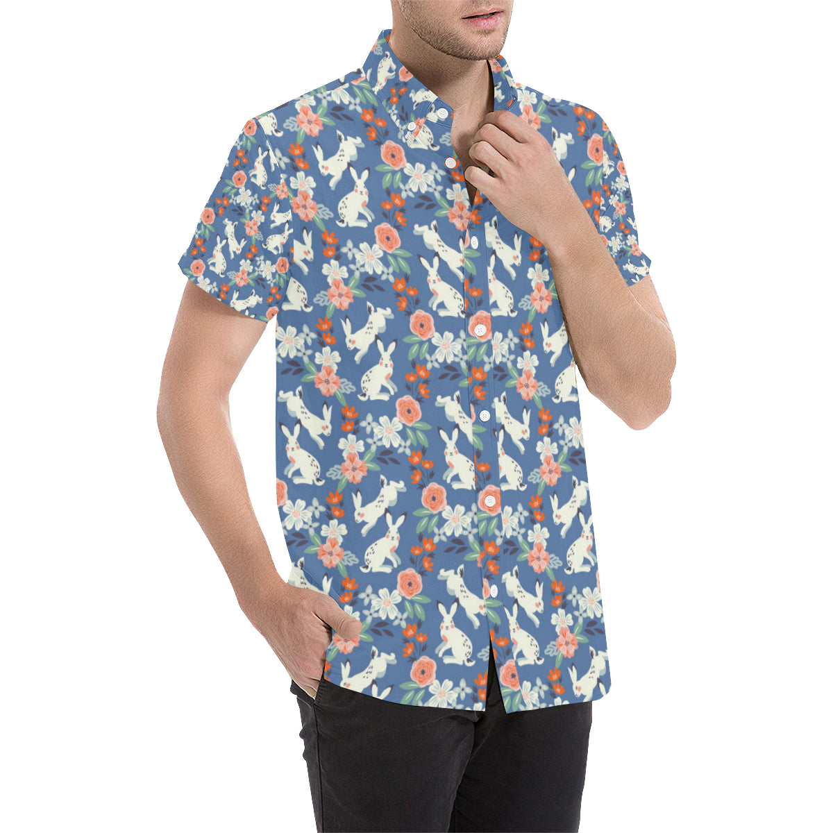 Bunny Pattern Print Design 07 Men's Short Sleeve Button Up Shirt