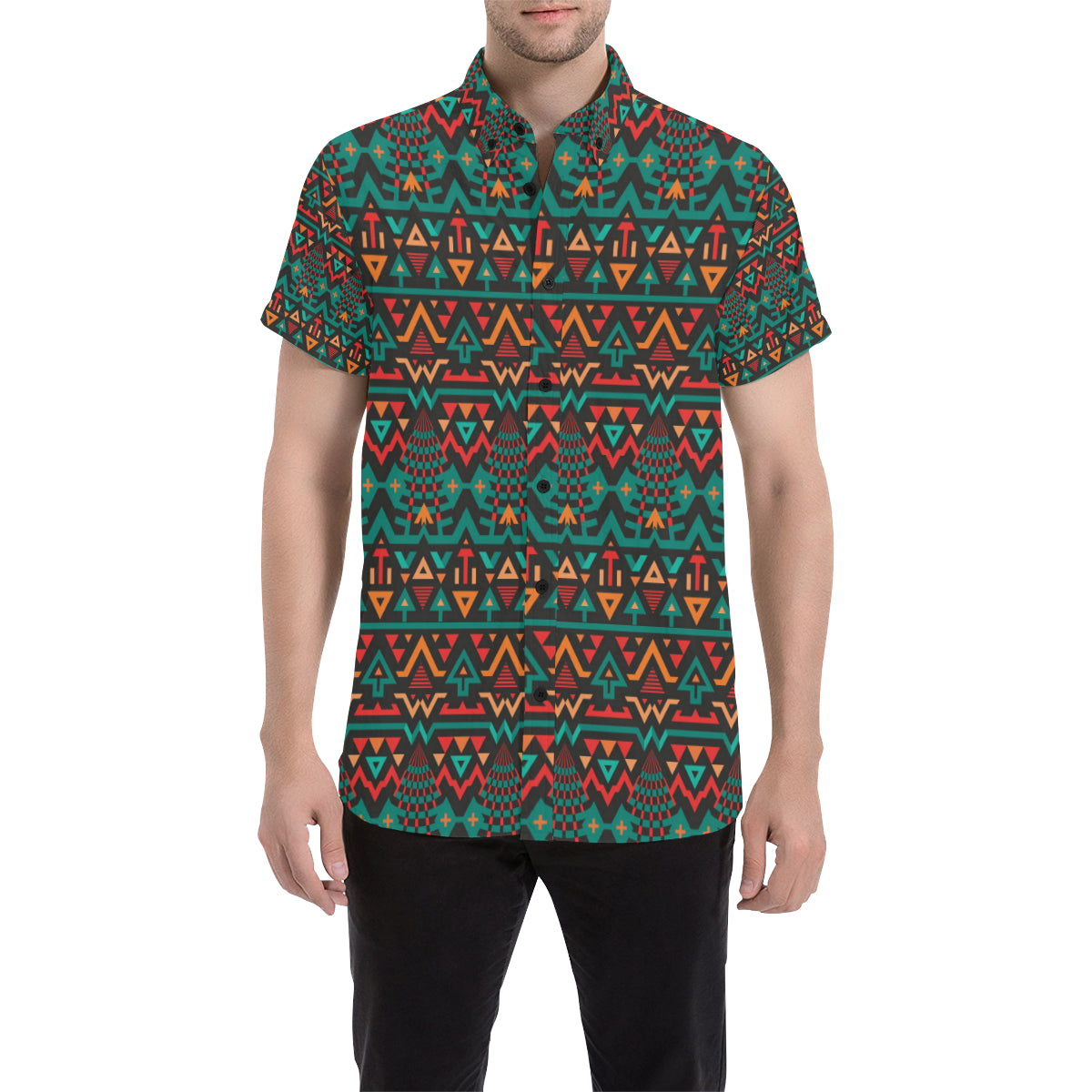 Aztec Pattern Print Design 04 Men's Short Sleeve Button Up Shirt