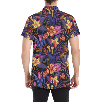 Lily Pattern Print Design LY016 Men's Short Sleeve Button Up Shirt