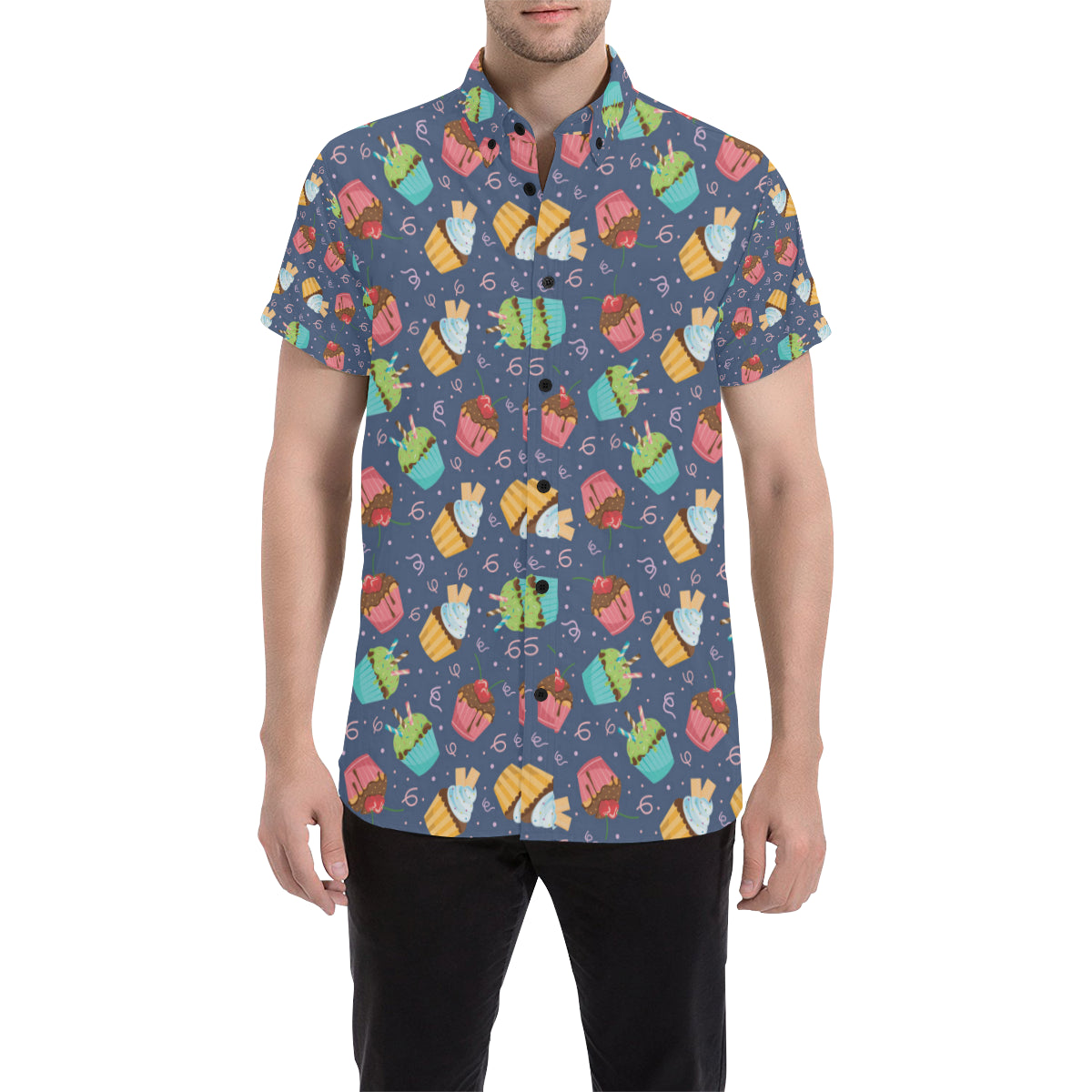 Cupcake Pattern Print Design 02 Men's Short Sleeve Button Up Shirt