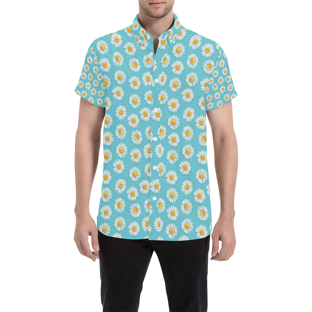 Daisy Pattern Print Design DS03 Men's Short Sleeve Button Up Shirt