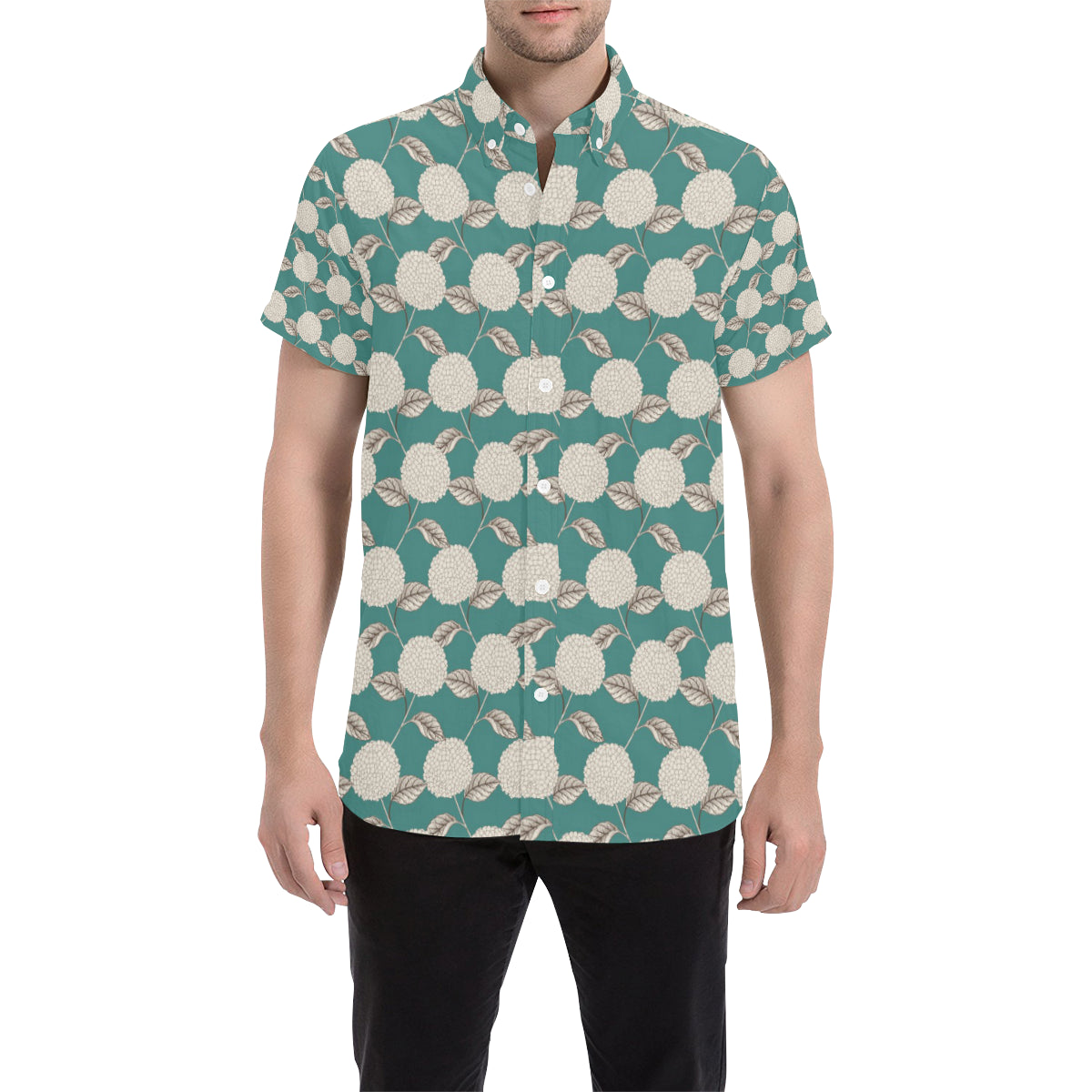 Hydrangea Pattern Print Design HD03 Men's Short Sleeve Button Up Shirt