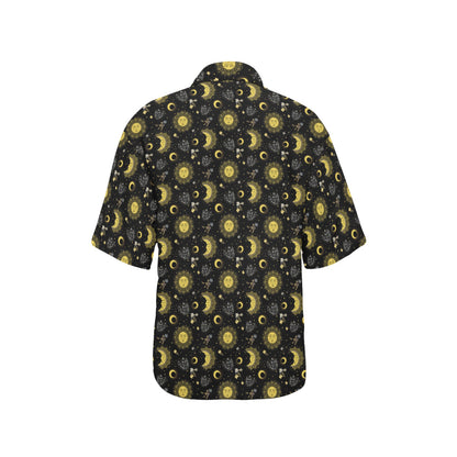 Sun Moon Golden Design Themed Print Women's Hawaiian Shirt