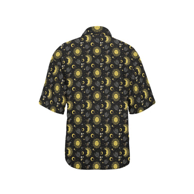 Sun Moon Golden Design Themed Print Women's Hawaiian Shirt