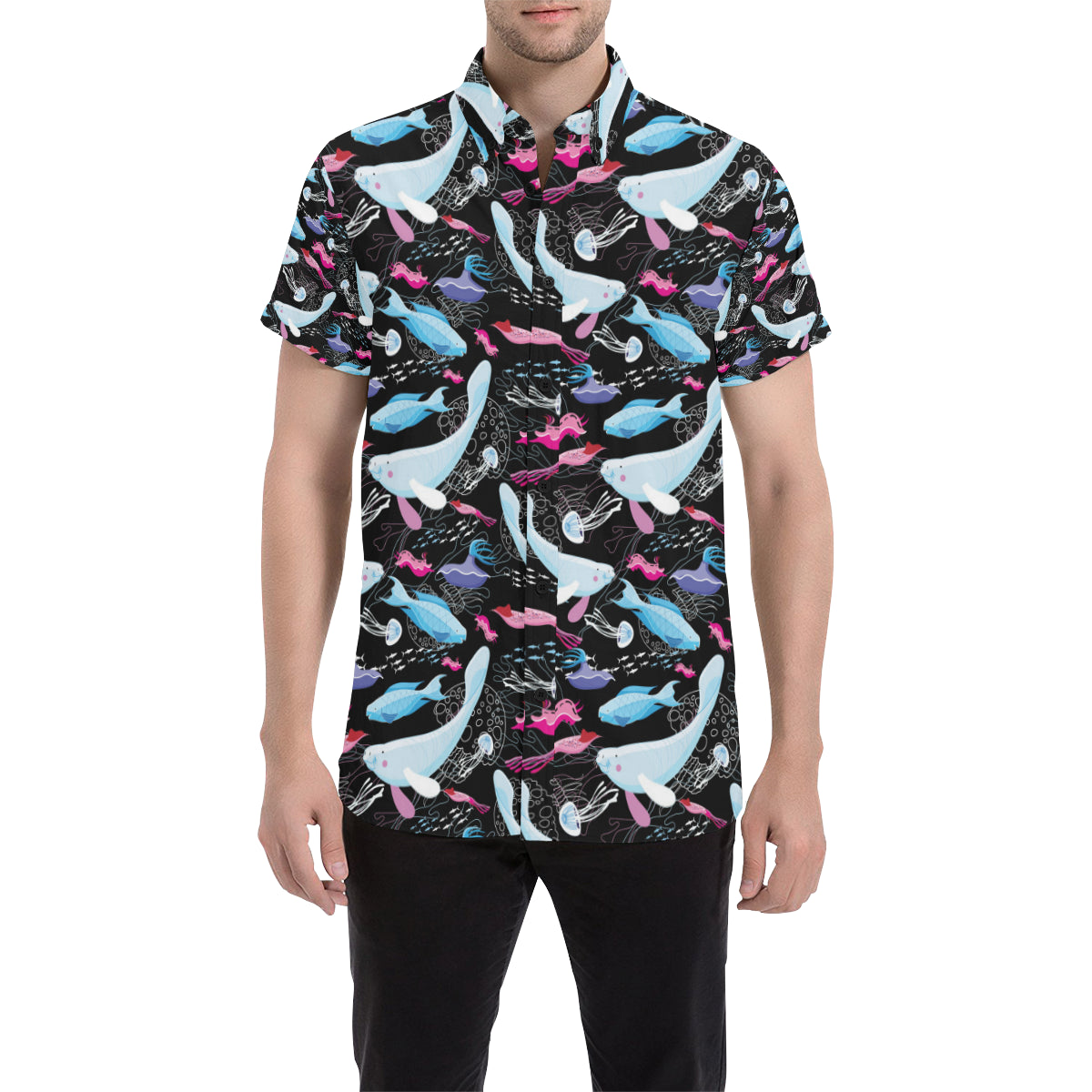 Manatee Pattern Print Design 02 Men's Short Sleeve Button Up Shirt