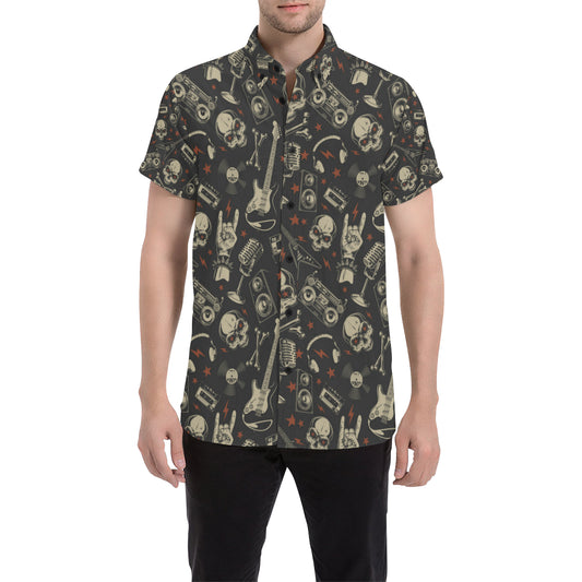 Rock and Roll Skull Pattern Print Design A03 Men's Short Sleeve Button Up Shirt