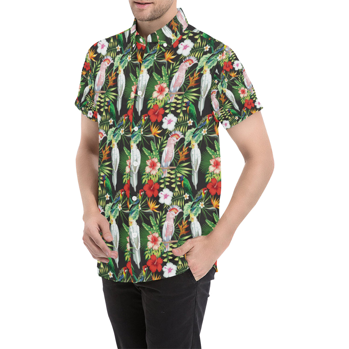 Tropical Flower Pattern Print Design TF03 Men's Short Sleeve Button Up Shirt