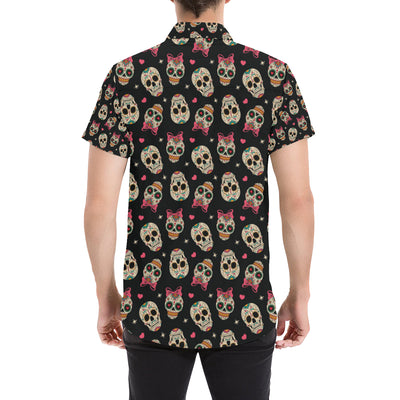 Sugar Skull Pink Bow Themed Print Men's Short Sleeve Button Up Shirt