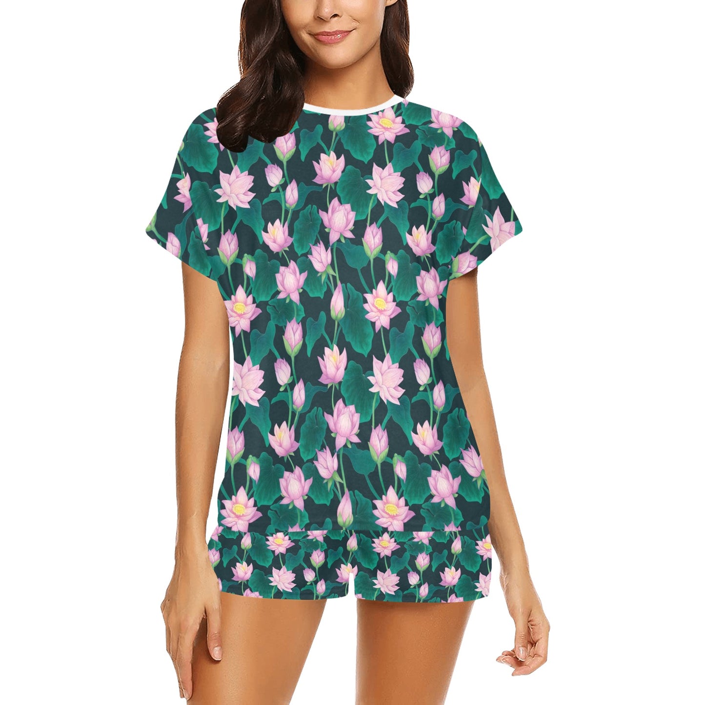 Water Lily Print Design LKS302 Women's Short Pajama Set