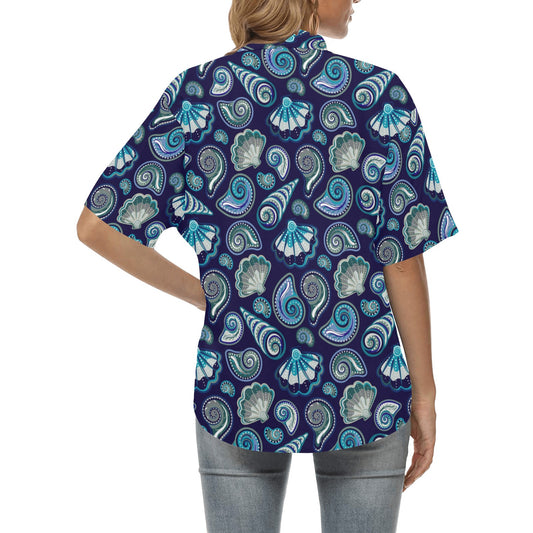 Beach Seashell Blue Print Women's Hawaiian Shirt