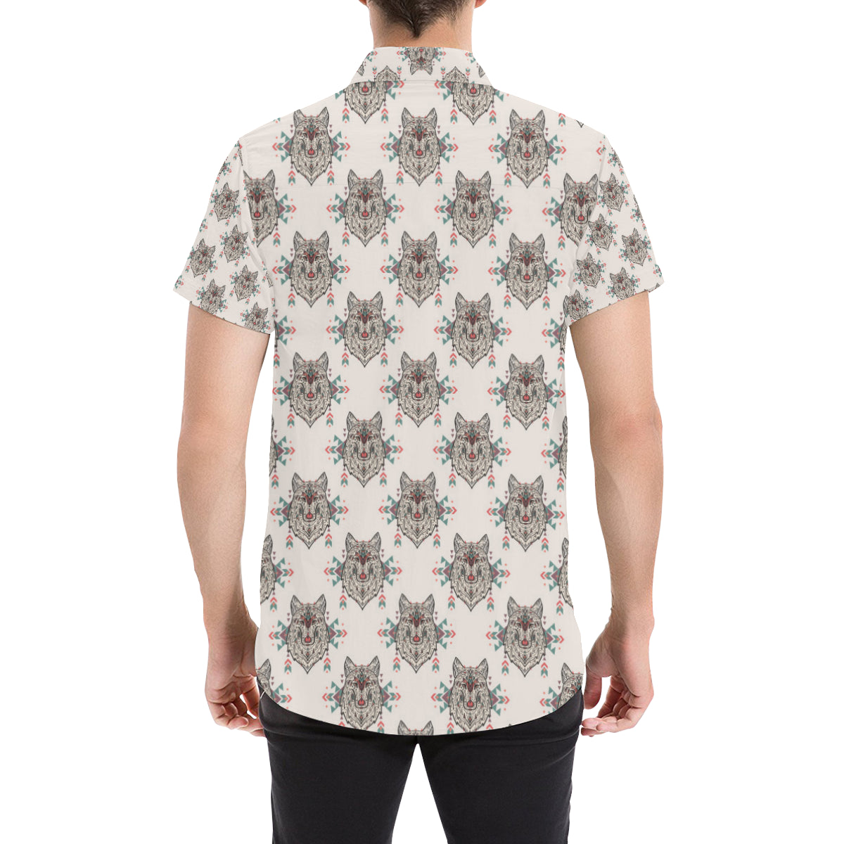 Aztec Wolf Pattern Print Design 01 Men's Short Sleeve Button Up Shirt