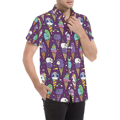 Ice Cream Pattern Print Design IC07 Men's Short Sleeve Button Up Shirt