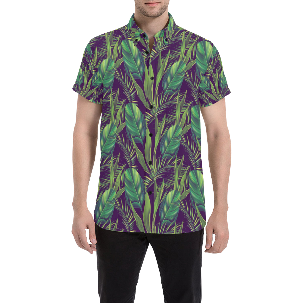 Palm Leaves Pattern Print Design PL03 Men's Short Sleeve Button Up Shirt