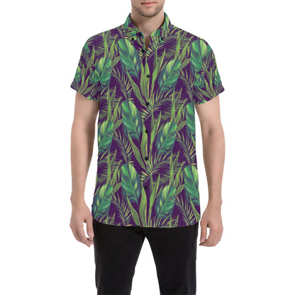 Palm Leaves Pattern Print Design PL03 Men's Short Sleeve Button Up Shirt