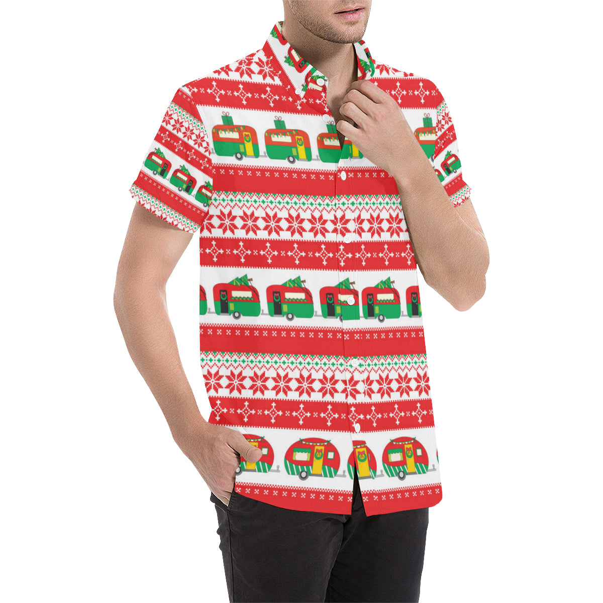 Camper Camping Ugly Christmas Design Print Men's Short Sleeve Button Up Shirt