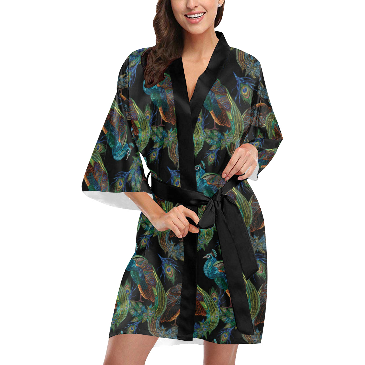 Peacock Pattern Print Design A04 Women's Short Kimono