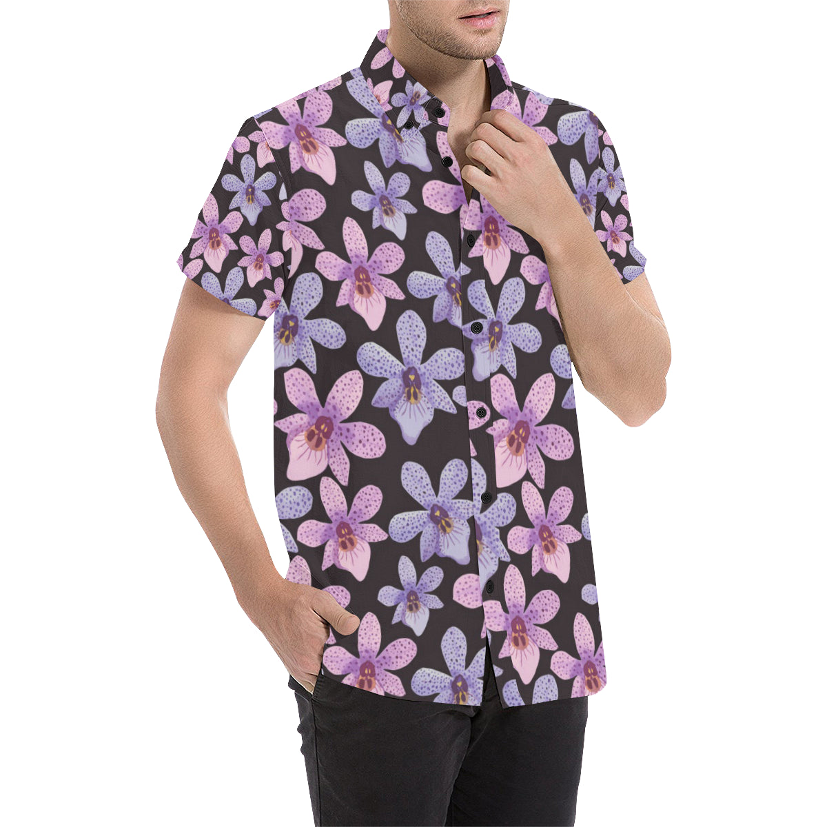 Orchid Pattern Print Design OR08 Men's Short Sleeve Button Up Shirt