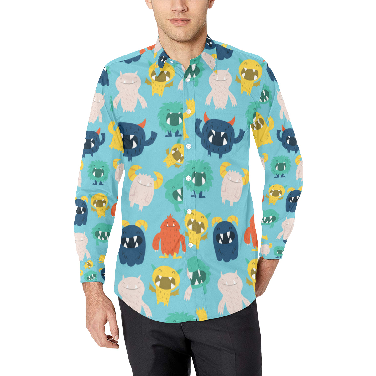 Monster Cartoon Pattern Print Design 03 Men's Long Sleeve Shirt