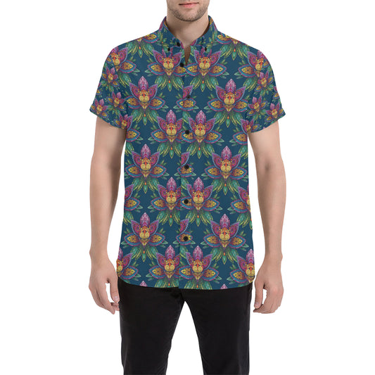 lotus Boho Pattern Print Design LO04 Men's Short Sleeve Button Up Shirt